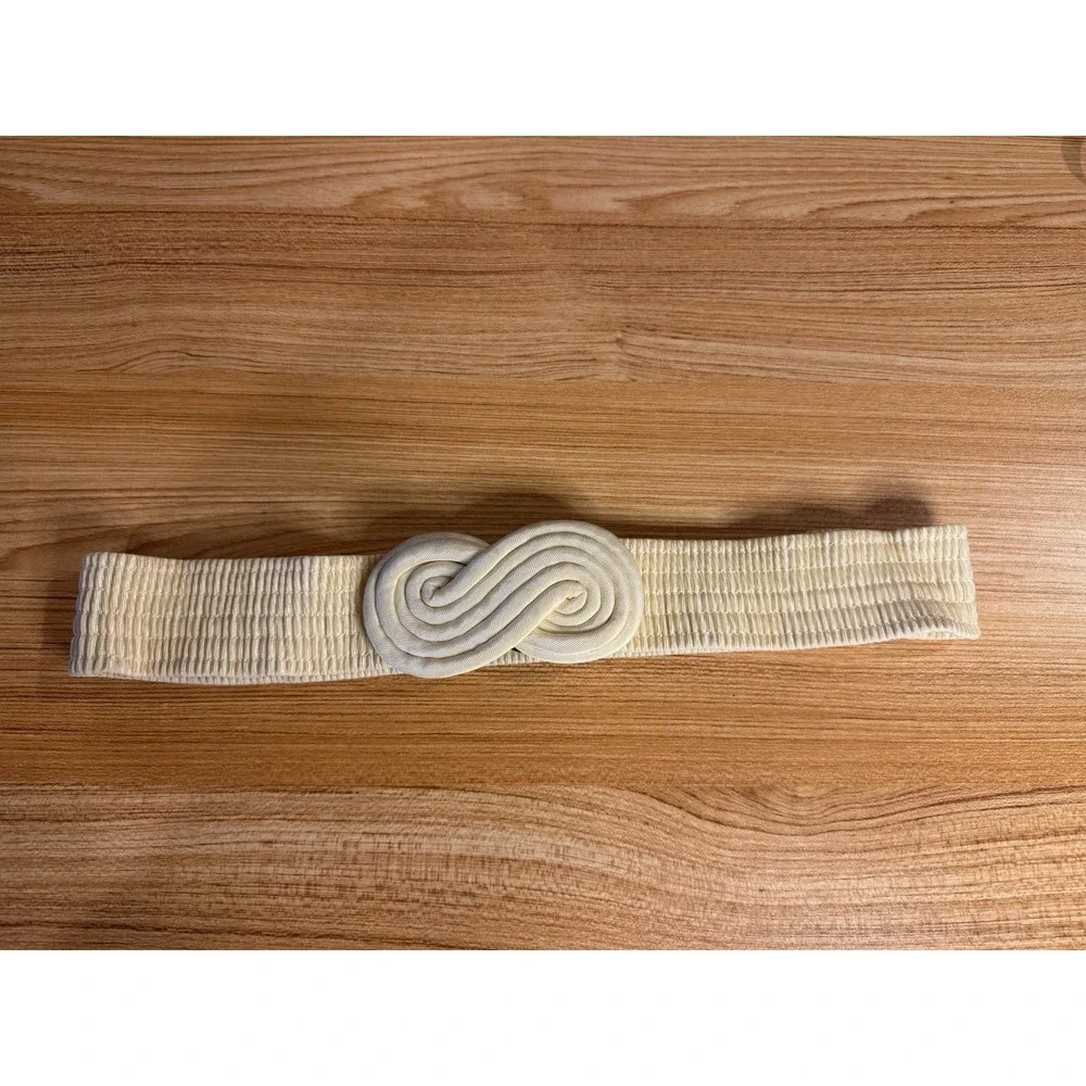 VTG Ivory Elastic Cinch Belt 80s Fabric Infinity Buckle One Size 34